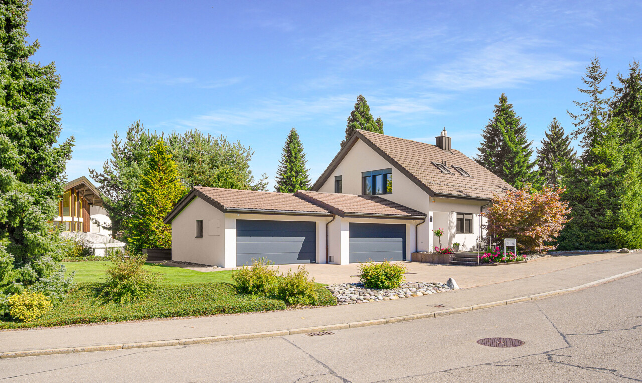 außenansicht mit property visible, day time, auffahrt, stuckverkleidung, und rasen