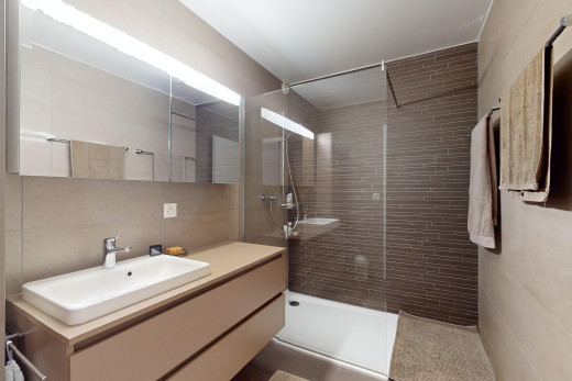 bad mit spiegel, fliesenwand, dusche, schminktisch, und waschbecken