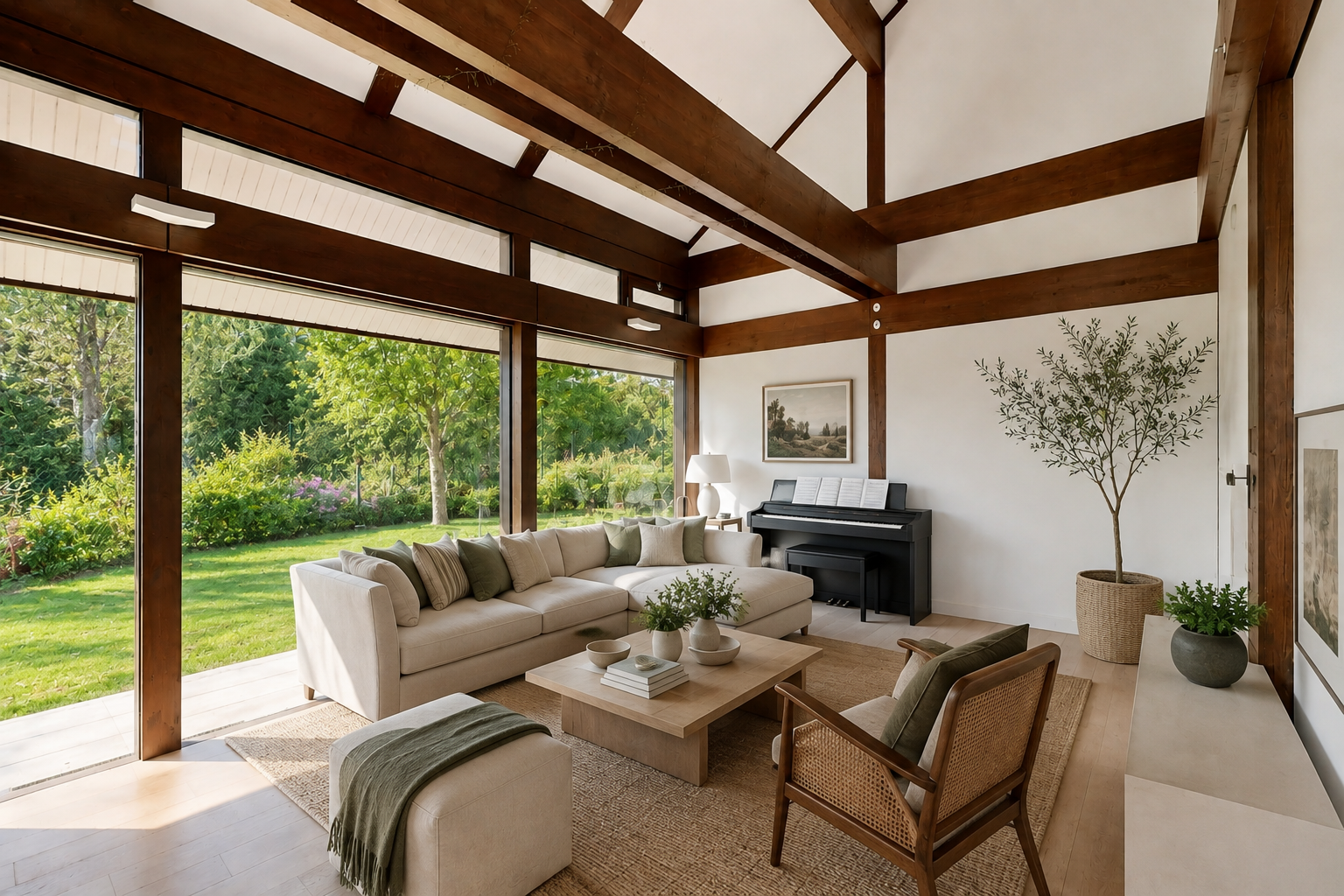 salon avec plafond haut, high ceiling, plafond voûté, vaulted ceiling, et cloison sèche