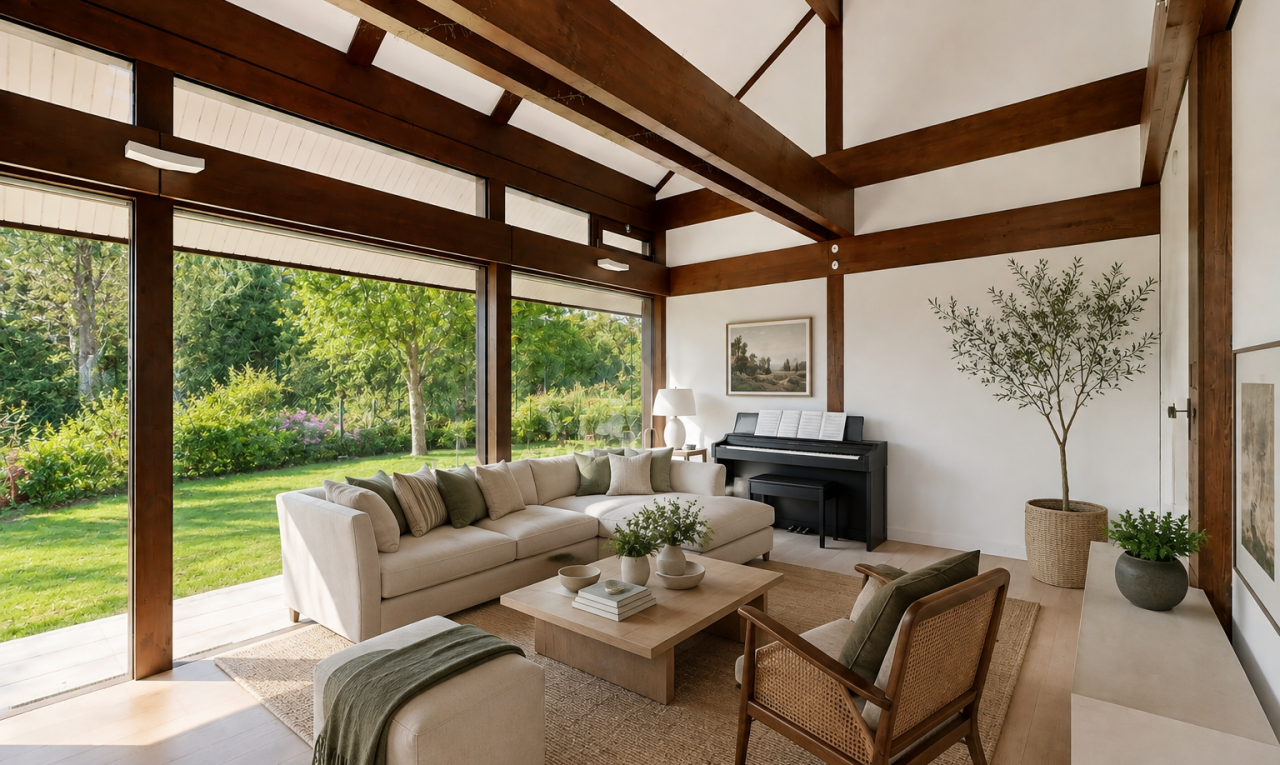 salon avec plafond haut, high ceiling, plafond voûté, vaulted ceiling, et cloison sèche