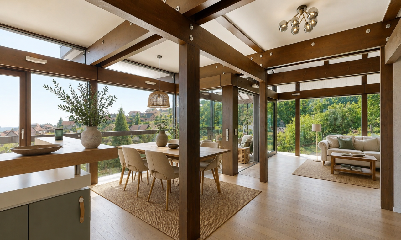 salle à manger avec sol en finition bois, wood finish floor, plafond à poutres, beamed ceiling, et véranda
