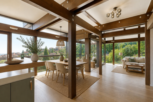 salle à manger avec sol en finition bois, wood finish floor, plafond à poutres, beamed ceiling, et véranda