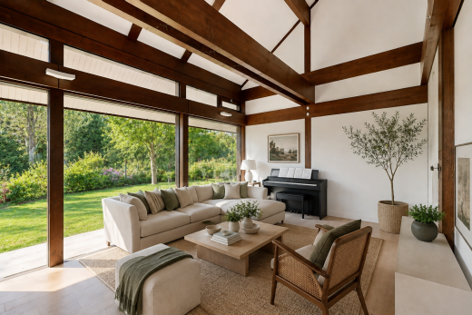 salon avec plafond haut, high ceiling, plafond voûté, vaulted ceiling, et cloison sèche