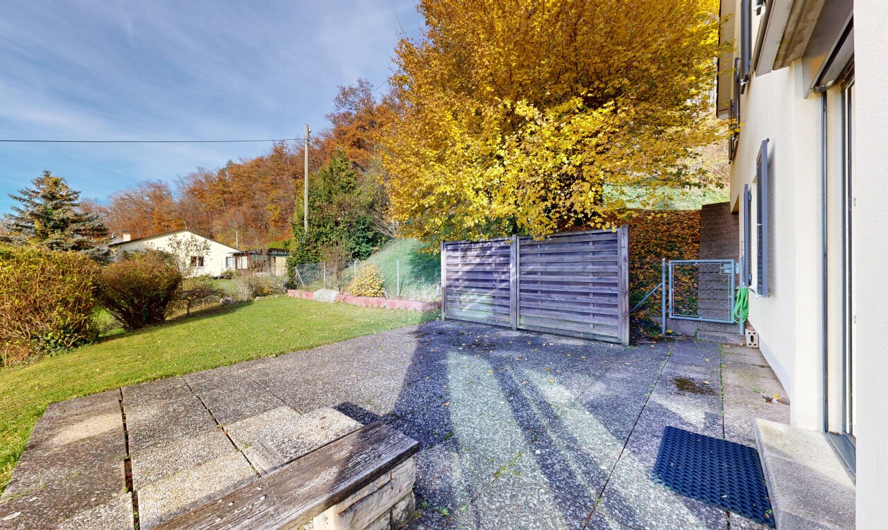 garten mit rasen, terrasse, power lines view, day time, und from property