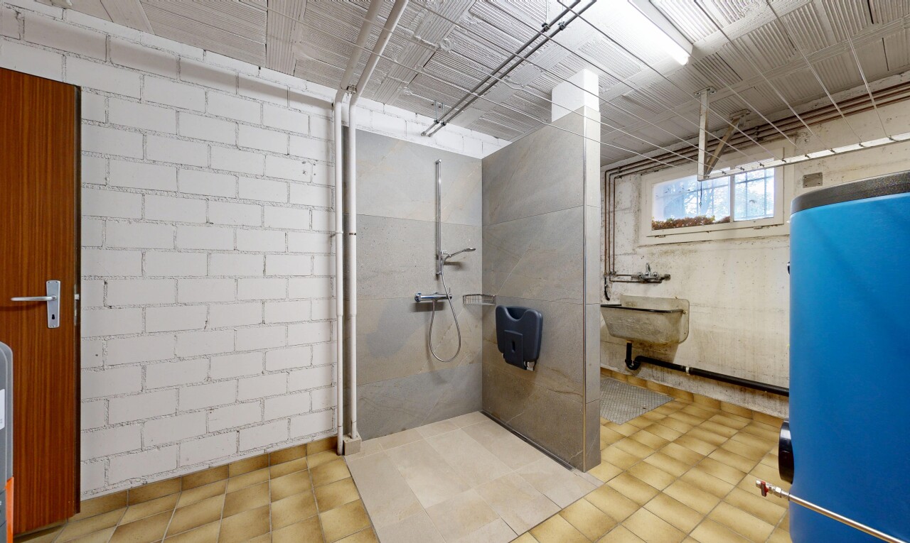 bad mit komplettes badezimmer, dusche, inside community, natural light, und natürliches licht