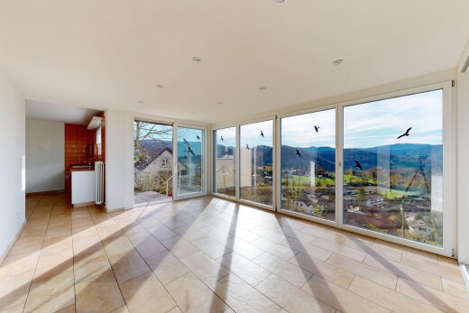 leerer raum mit blick auf die berge, mountain view, natürliches licht, natural light, und bodendeckenfenster