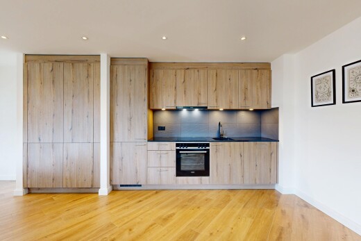 küche mit schränke mit flachen paneelen, ofen, drywall, gipskartonwand, und inside property