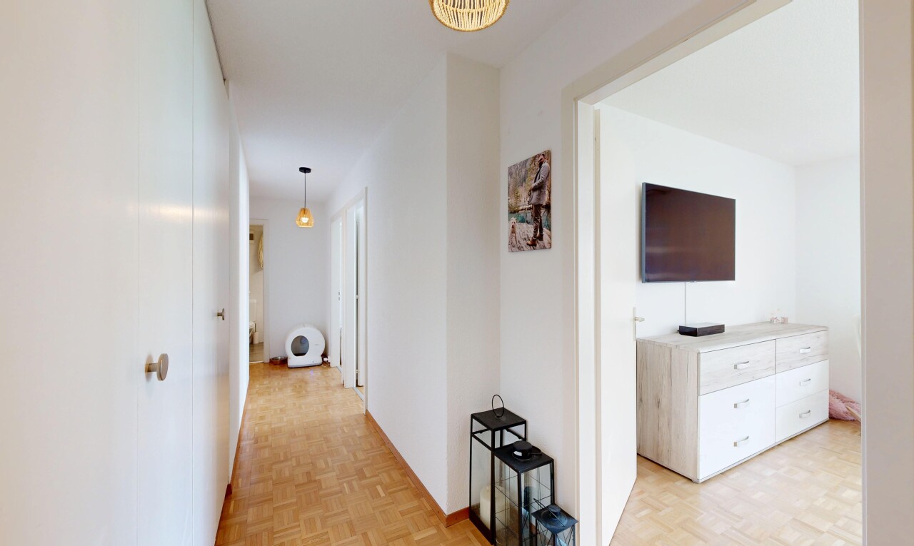 couloir avec parquet floor, télévision, sol en finition bois, wood finish floor, et light floor