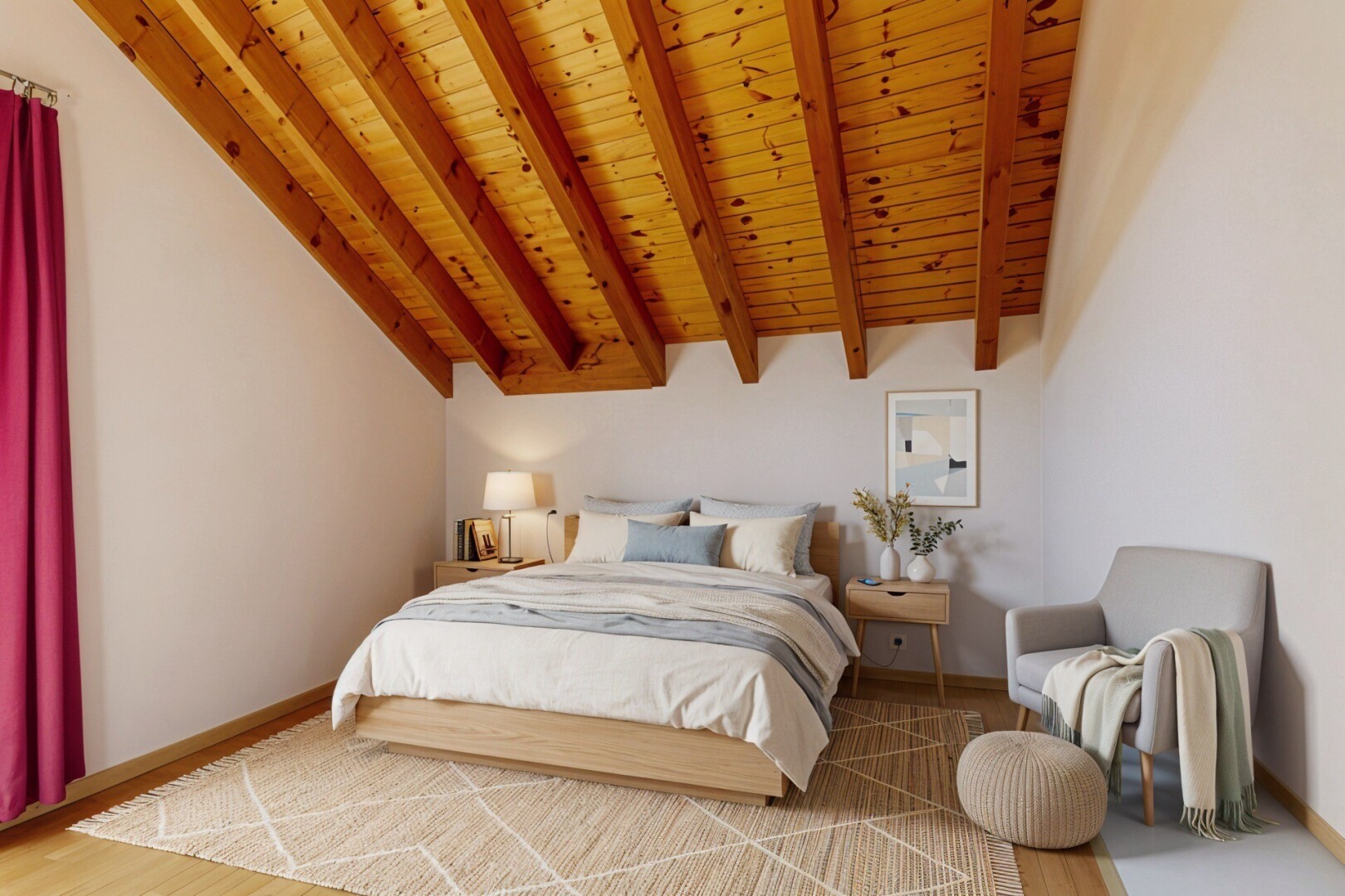 chambre avec plafond en bois, wood ceiling, inside property, plafond à poutres, et beamed ceiling