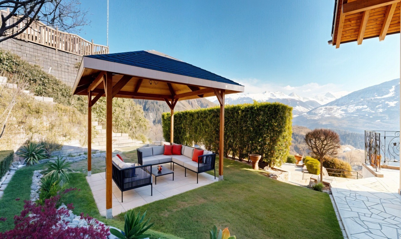 jardin avec terrasse, day time, kiosque, vue sur la montagne, et mountain view