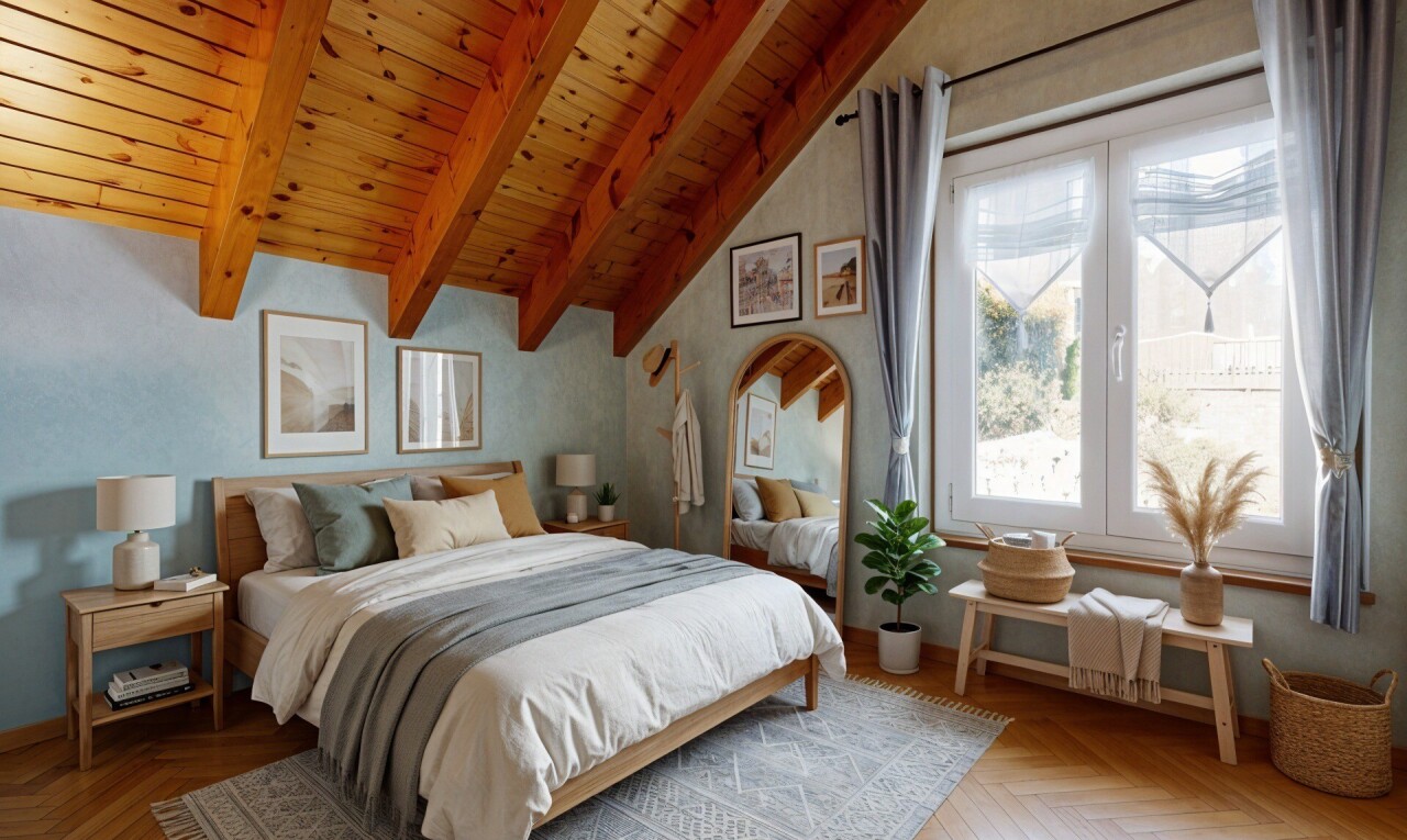 chambre avec inside property, plafond à poutres, beamed ceiling, plafond en bois, et wood ceiling