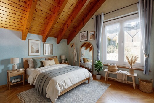 chambre avec inside property, plafond à poutres, beamed ceiling, plafond en bois, et wood ceiling