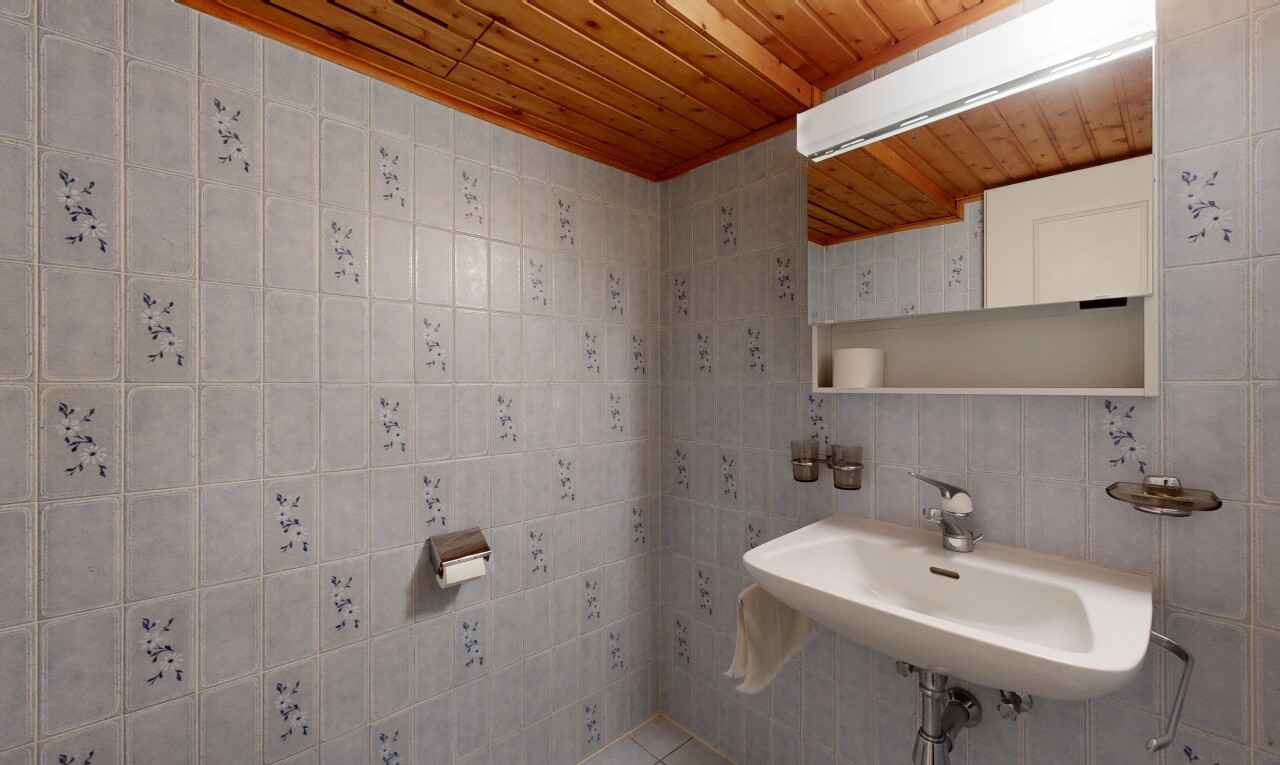 bad mit spiegel, waschbecken, tile wall, fliesenwand, und inside property