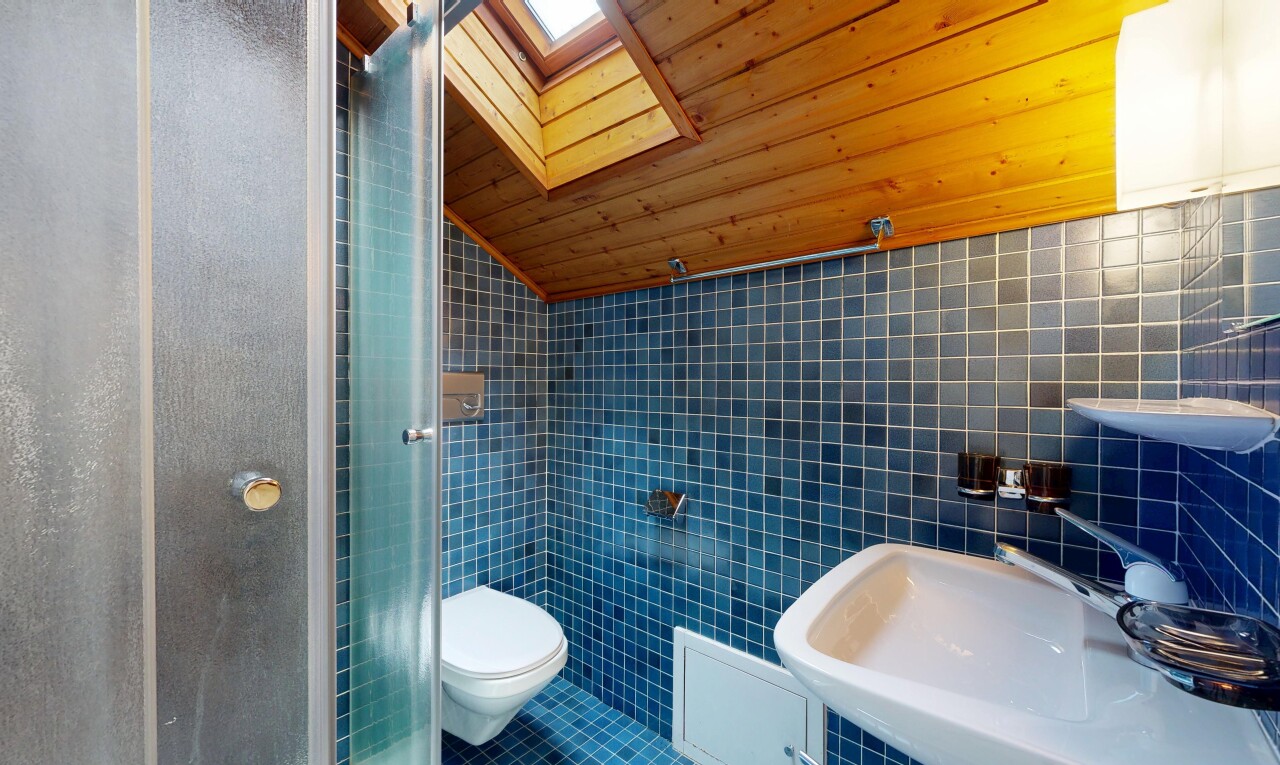 bad mit vaulted ceiling, dachschräge, dachfenster, tile wall, und fliesenwand
