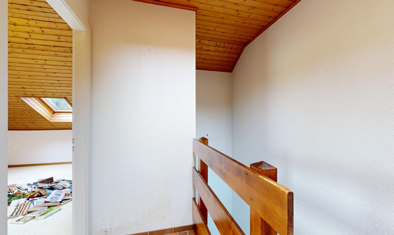 halle / korridor mit dachfenster, inside property, holzdecke, wood ceiling, und gipskartonwand
