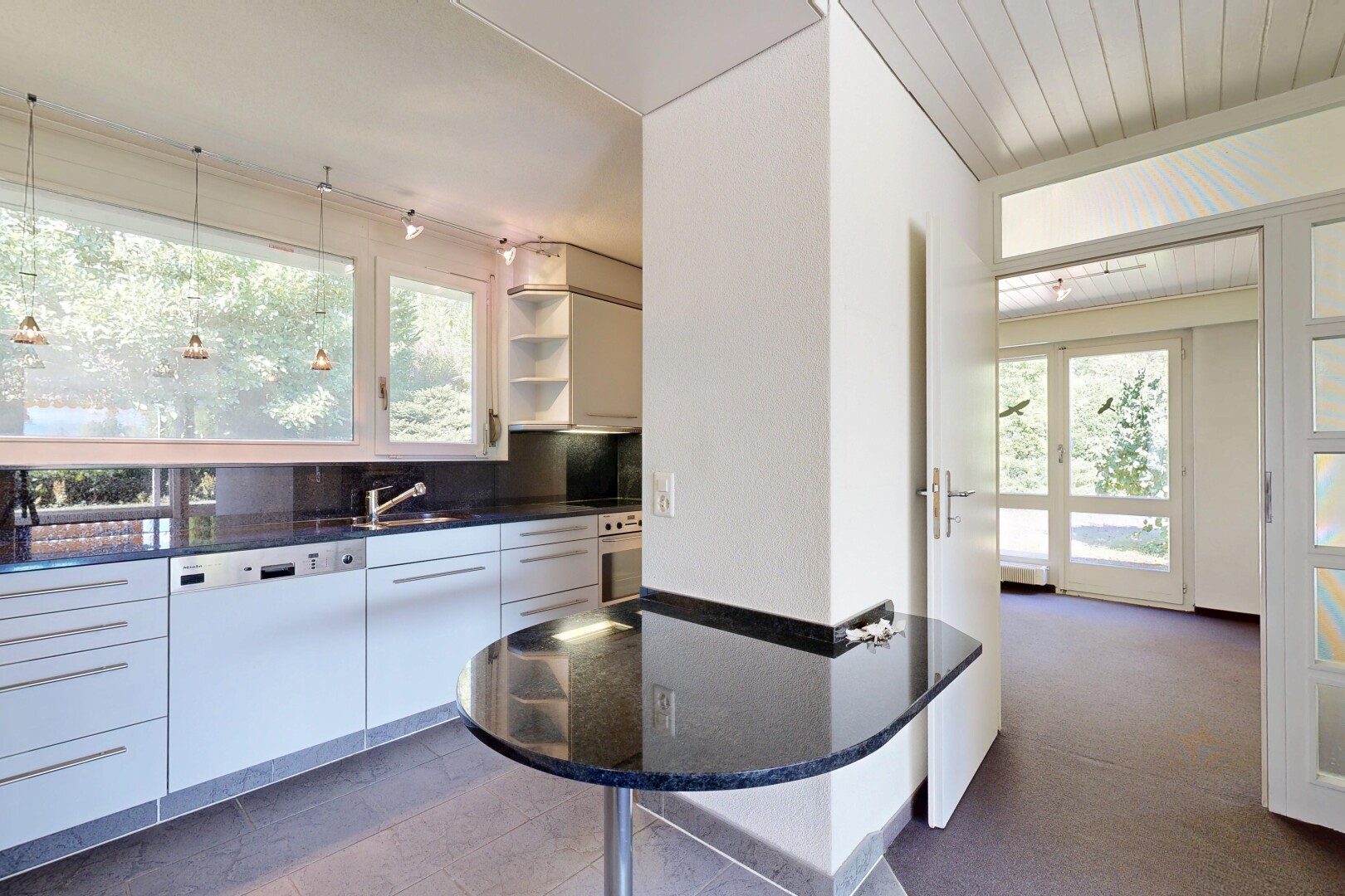 küche mit dark countertops, offene regale, open shelves, außenzugang, und geschirrspülmaschine
