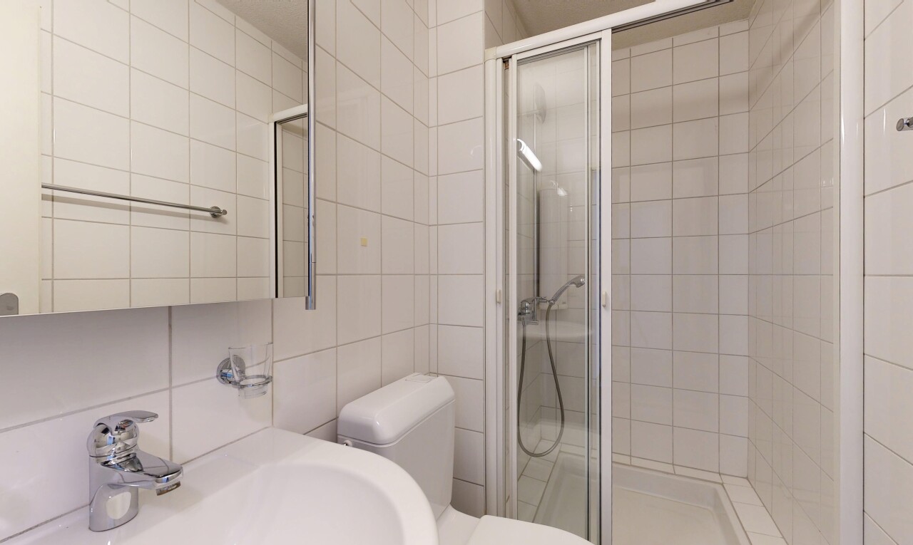 bad mit komplettes badezimmer, waschbecken, spiegel, dusche, und toilette