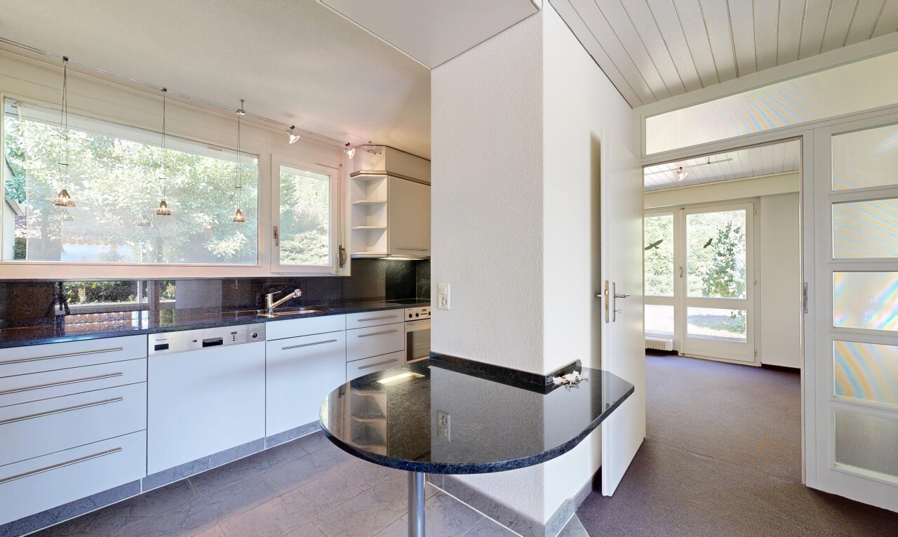 küche mit dark countertops, offene regale, open shelves, außenzugang, und geschirrspülmaschine