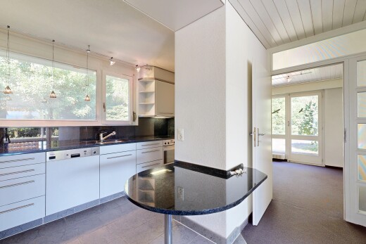 küche mit dark countertops, offene regale, open shelves, außenzugang, und geschirrspülmaschine