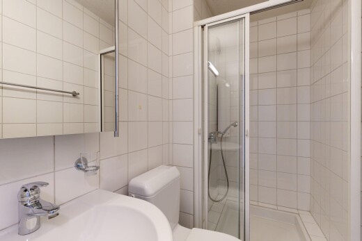 bad mit komplettes badezimmer, waschbecken, spiegel, dusche, und toilette