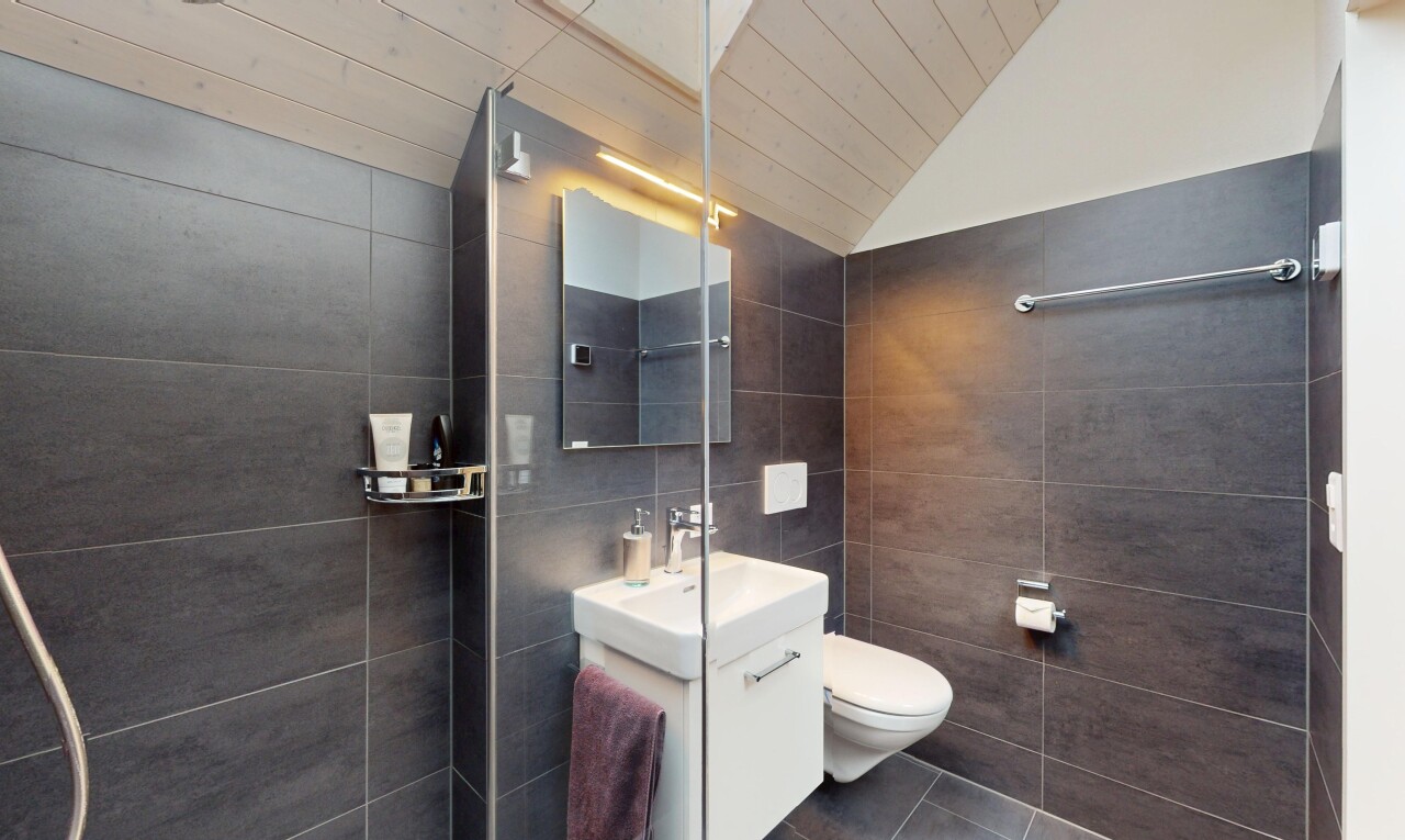 bad mit dachschräge, toilette, spiegel, und fliesenwand