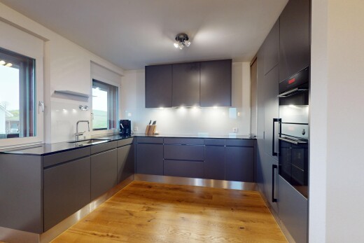 küche mit waschbecken, offene regale, u-förmige küche, und schränke mit flachen paneelen