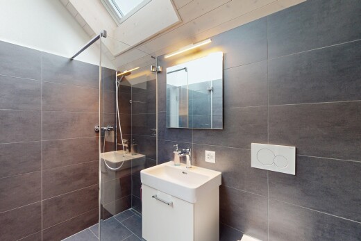 salle de bains avec puits de lumière, mur en carrelage, miroir, lavabo (ou coiffeuse selon le contexte), et douche