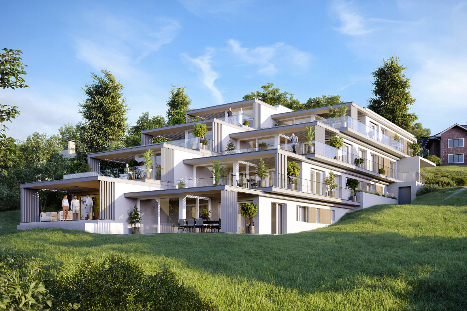 façade avec day time, pelouse, rendered, terrasse, et balcon