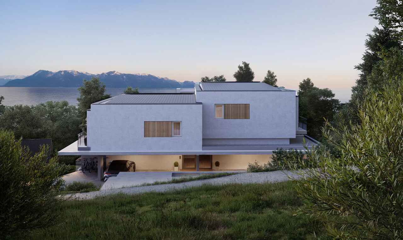 façade avec property visible, dusk, bardage en stuc, et rendered