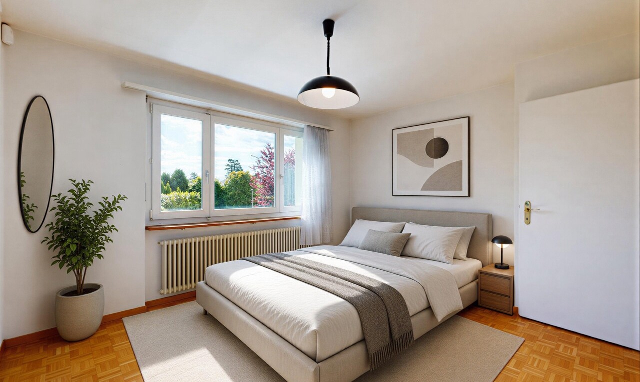 zimmer / schlafzimmer mit parquet floor, holzfußboden, wood finish floor, gipskartonwand, und drywall