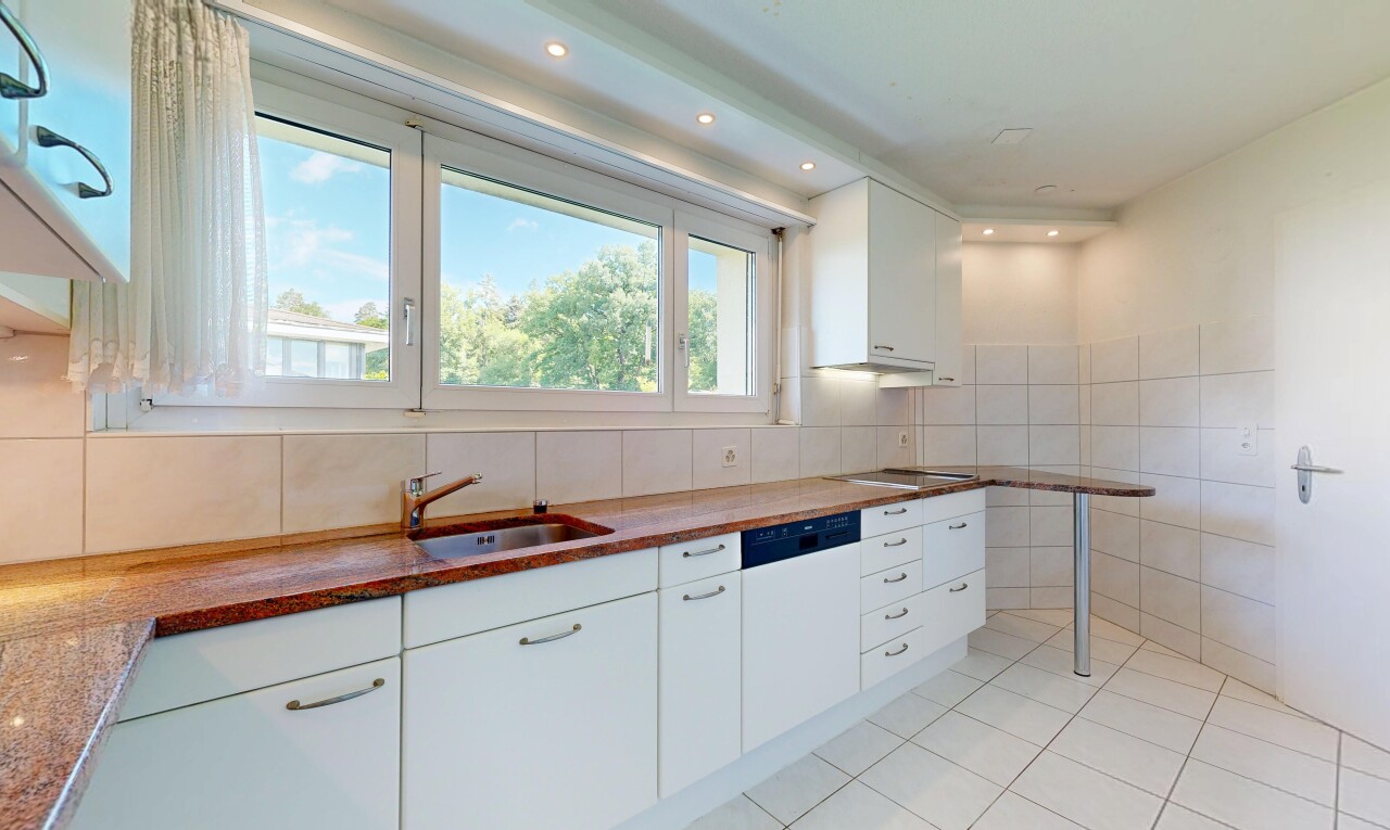 küche mit fliesenwand, tile wall, weiße schränke, white cabinets, und day time