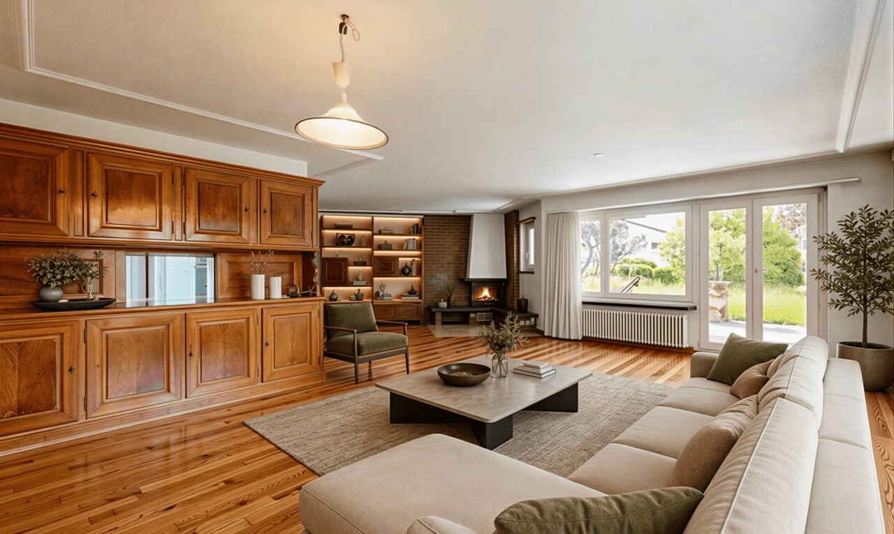 wohnzimmer mit holzfußboden, wood finish floor, inside property, kühler, und natürliches licht