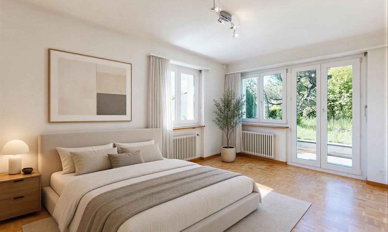 zimmer / schlafzimmer mit parquet floor, holzfußboden, wood finish floor, gipskartonwand, und drywall