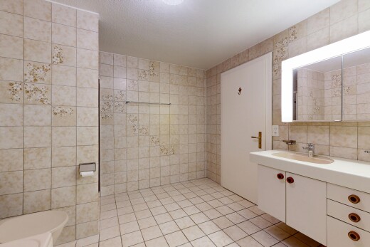 bad mit fliesenwand, tile wall, spiegel, komplettes badezimmer, und inside property
