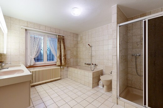 bad mit dusche, komplettes badezimmer, doppelwaschtisch, light floor, und toilette