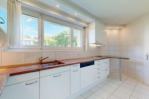 küche mit fliesenwand, tile wall, weiße schränke, white cabinets, und day time