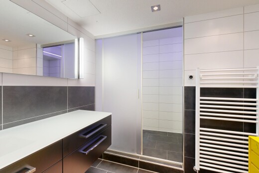 bad mit kühler, handtuchwärmer, dark floor, komplettes badezimmer, und fliesenwand