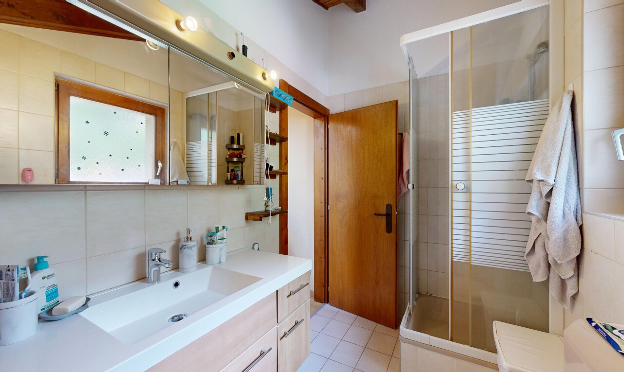 salle de bains avec douche, lavabo (ou coiffeuse selon le contexte), salle de bain complète, évier, et inside property