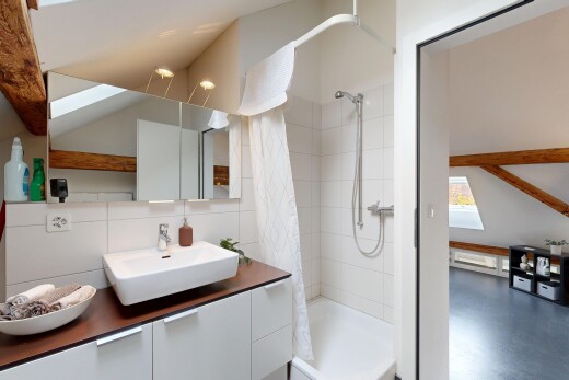 salle de bains avec lavabo (ou coiffeuse selon le contexte), salle de bain complète, inside property, douche, et vaulted ceiling