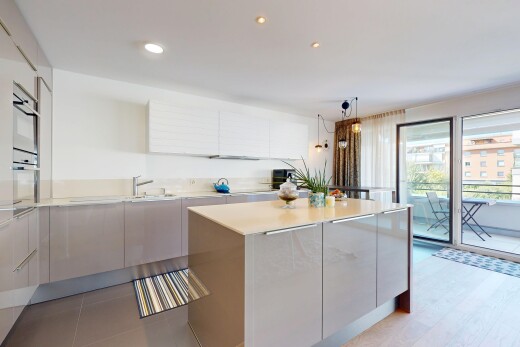 küche mit schränke mit flachen paneelen, inside property, arbeitsplatten, recessed lighting, und einbauleuchten