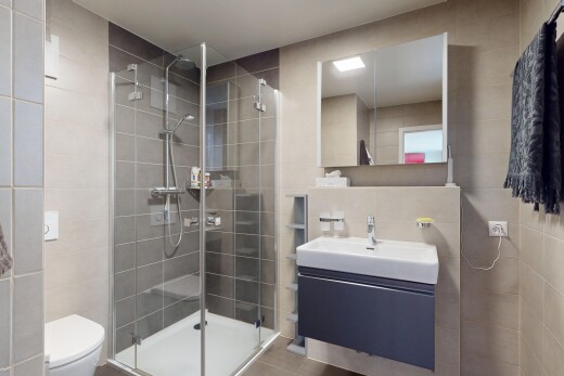 bad mit tile wall, fliesenwand, inside property, schminktisch, und dusche