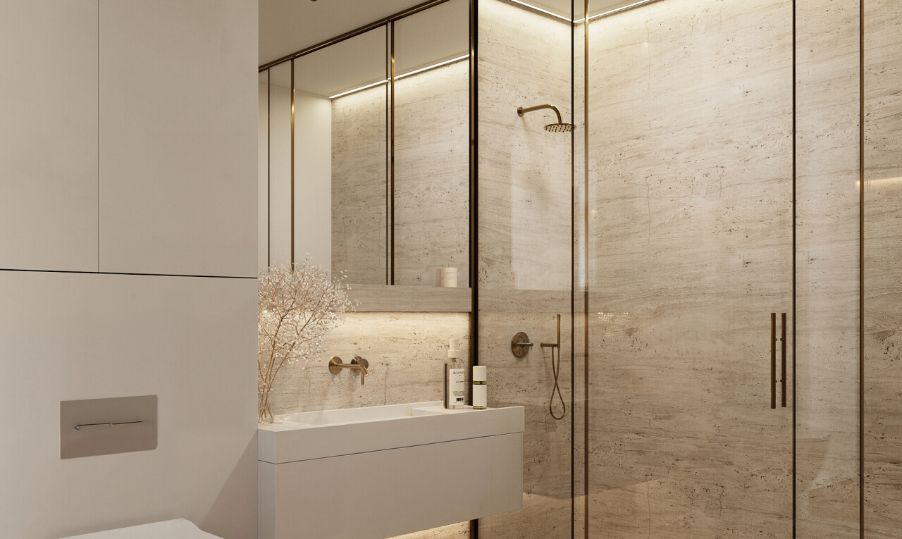 salle de bains avec miroir, salle de bain complète, lavabo (ou coiffeuse selon le contexte), douche, et inside community