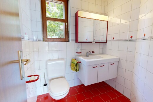 salle de bains avec lavabo (ou coiffeuse selon le contexte), dark floor, miroir, toilette, et mur en carrelage