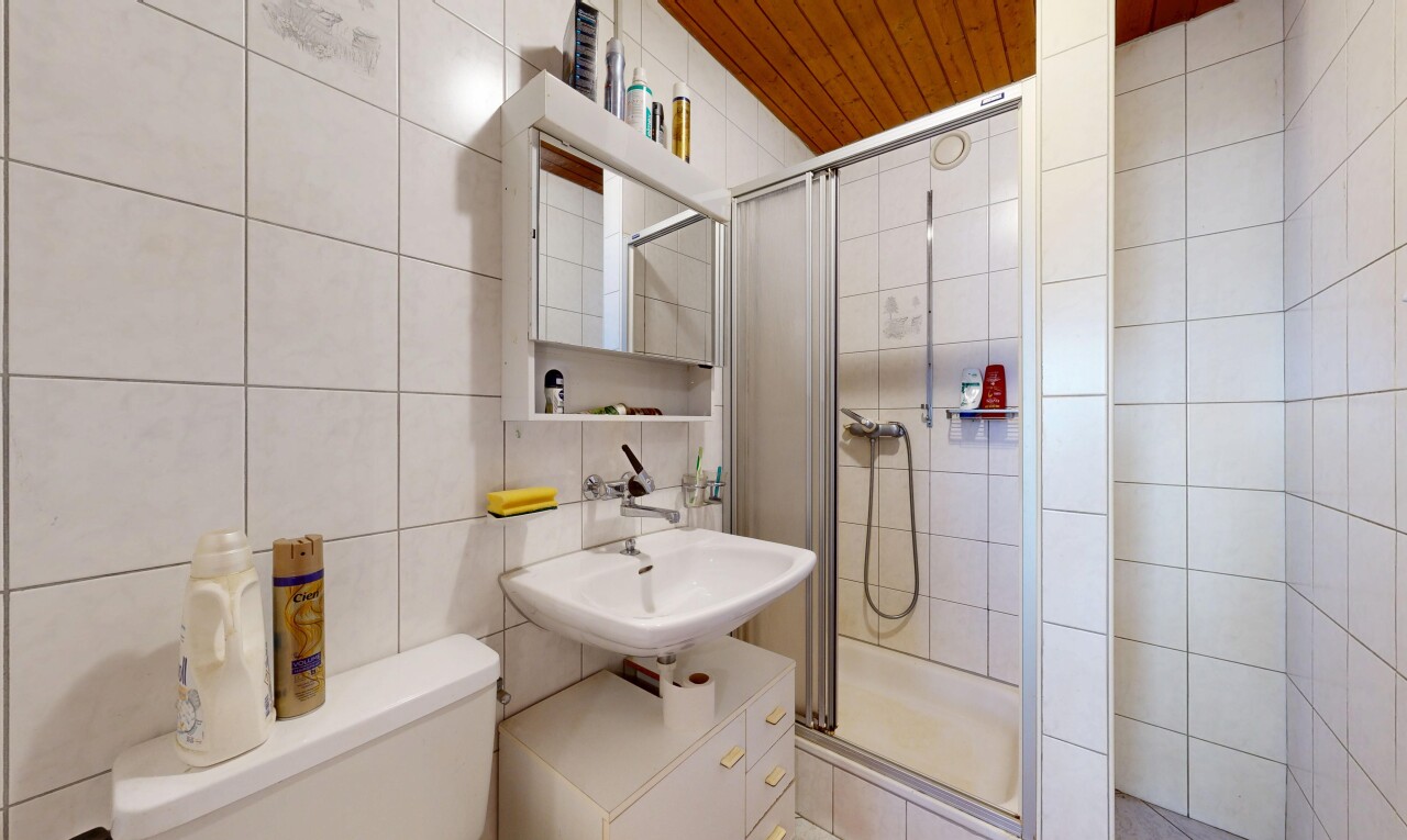 salle de bains avec miroir, douche, mur en carrelage, tile wall, et salle de bain complète