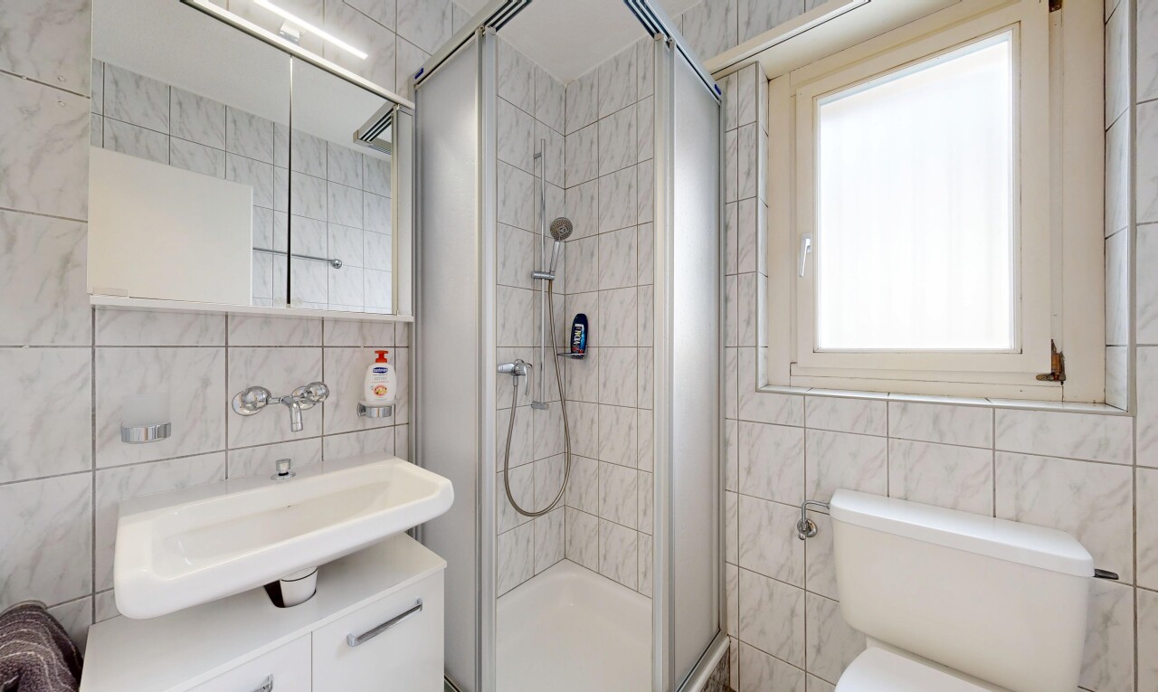 salle de bains avec mur en carrelage, tile wall, douche, salle de bain complète, et lavabo (ou coiffeuse selon le contexte)