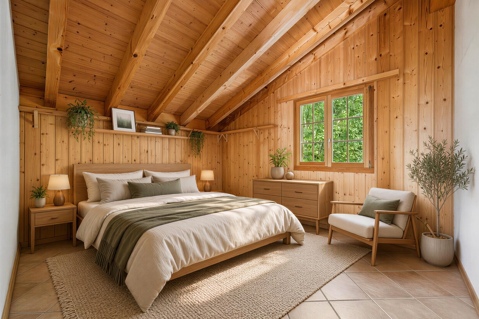 pièce vide avec vaulted ceiling, plafond voûté, beamed ceiling, plafond à poutres, et dated wood wall