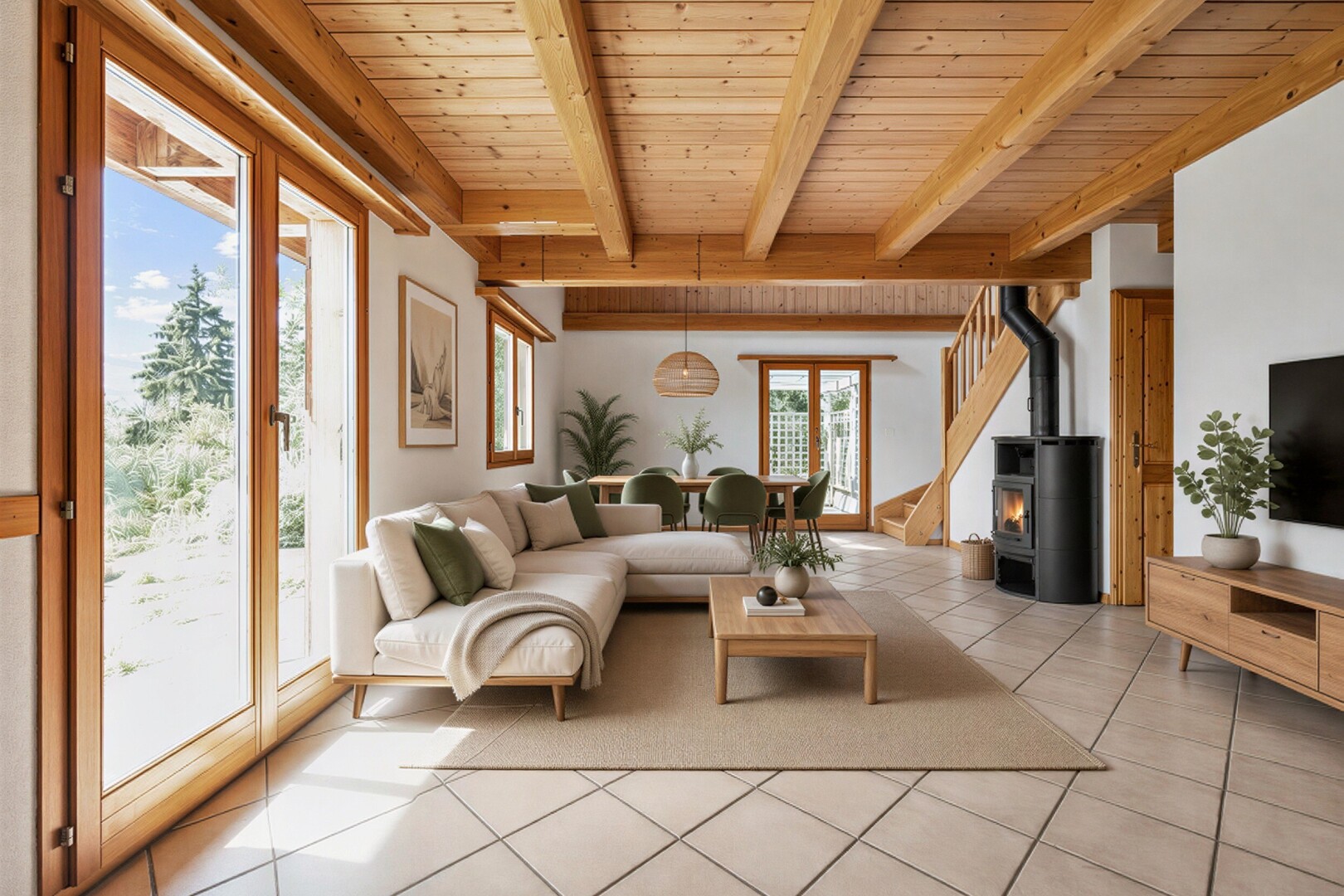 pièce vide avec beamed ceiling, plafond à poutres, poêle à bois, wood ceiling, et plafond en bois