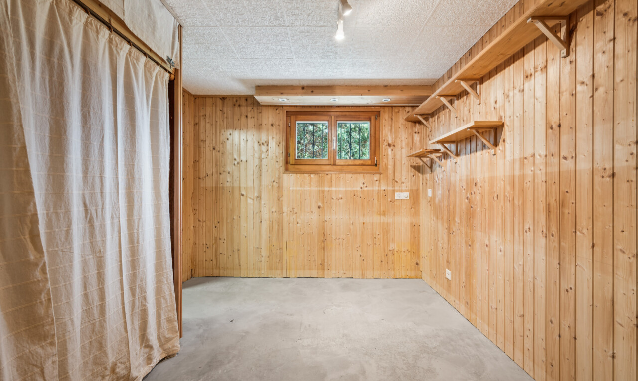 pièce vide avec éclairage sur rail, dated wood wall, wood wall, mur en bois, et sous-sol