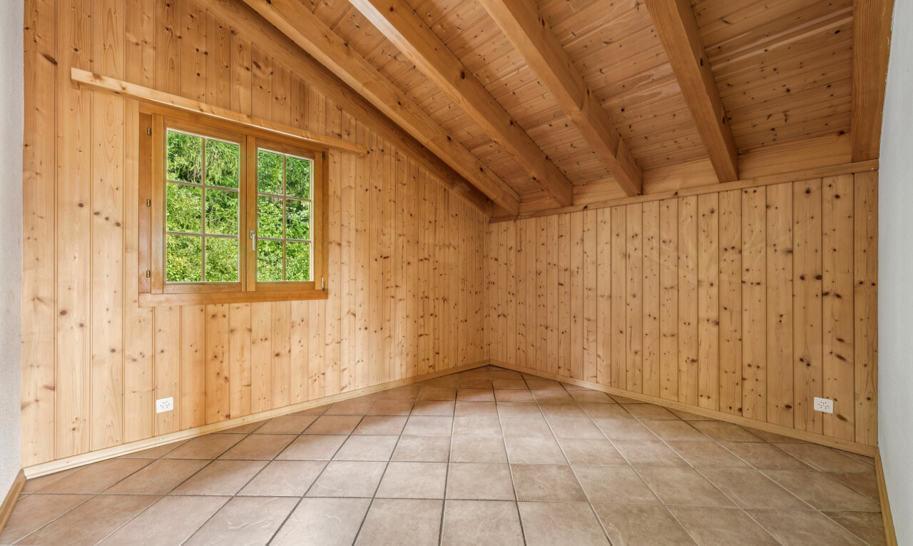 pièce vide avec vaulted ceiling, plafond voûté, beamed ceiling, plafond à poutres, et wood wall