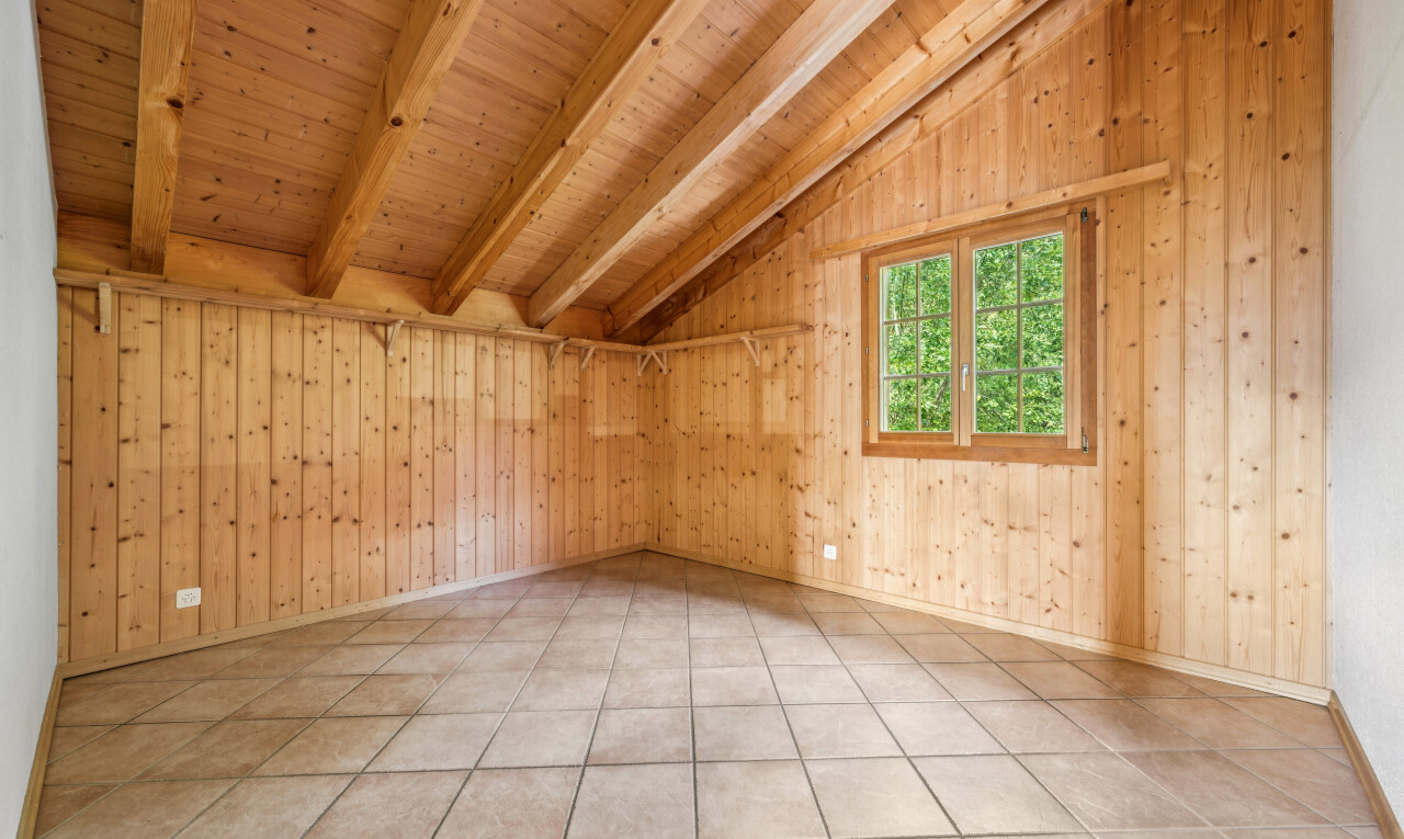pièce vide avec vaulted ceiling, plafond voûté, beamed ceiling, plafond à poutres, et dated wood wall